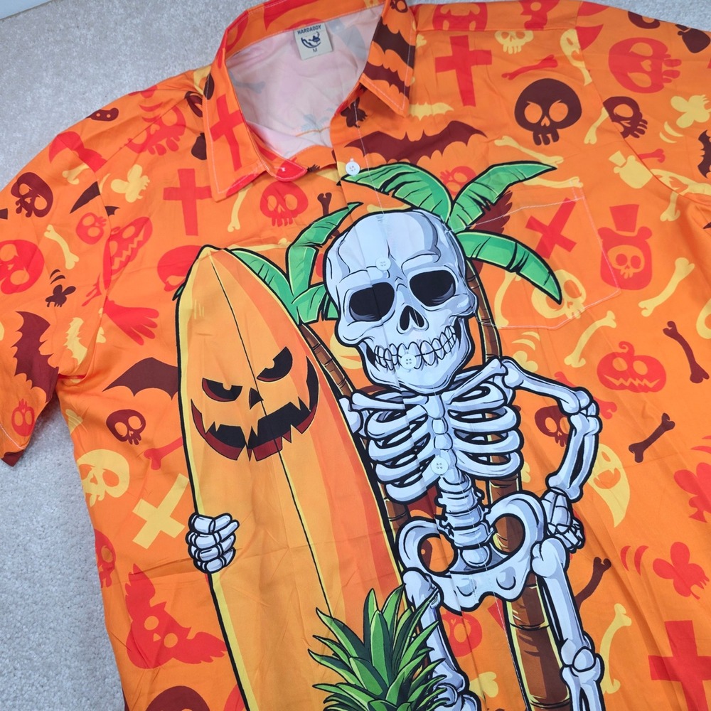 Hardaddy Halloween Shirt Mens Medium Orange Skeleton Surfing Aloha Button Down
